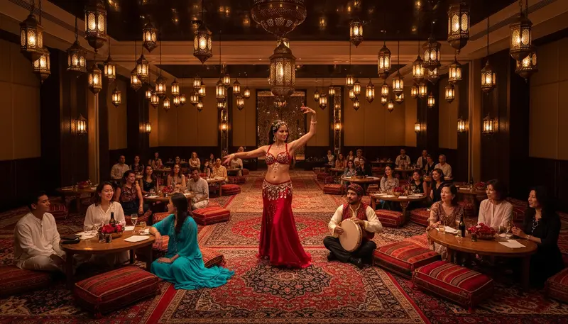 Belly dancer and an Arabic drummer at an Arabian Nights themed party with lanterns and floor cushions