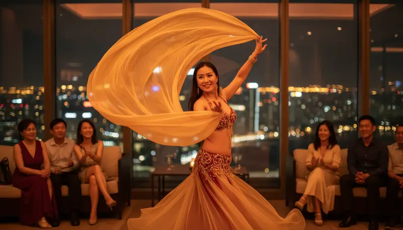 Belly dancer in Singapore swirling a golden silk veil at an evening party with the city lights behind her