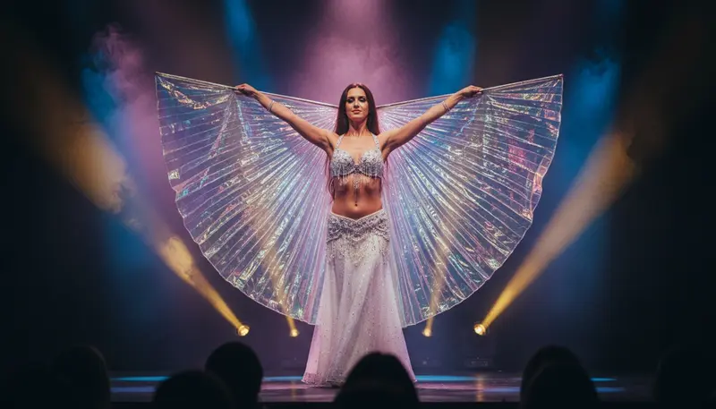 Belly dancer opening large iridescent wings during a belly dance show on a dark stage