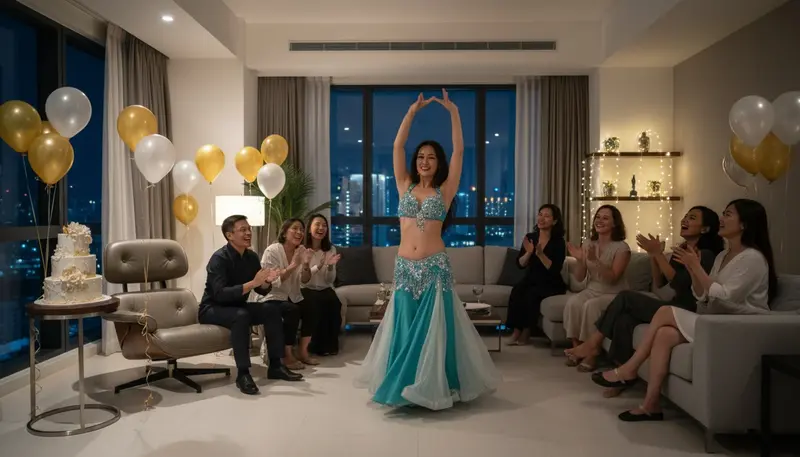 Belly dancer performing for clapping guests at a birthday party in a Singapore condo living room