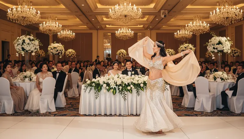 Belly dancer with a silk veil performing near the bride and groom at a wedding dinner in a Singapore hotel ballroom