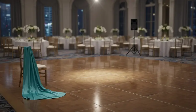 Clear dance floor under a spotlight in a function room, with a silk veil on a chair ready for a belly dance show