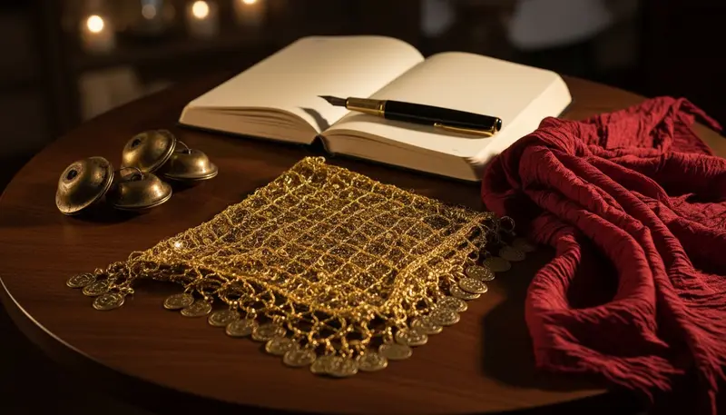 Gold coin hip scarf, finger cymbals and a silk veil next to a notebook for planning a belly dance show budget