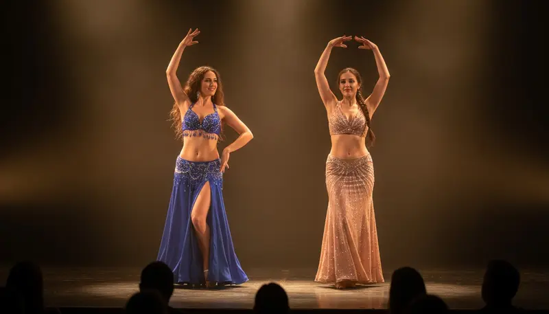 Two belly dancers in different styles on stage, one in a sapphire blue costume and one in a sparkling rose gold costume
